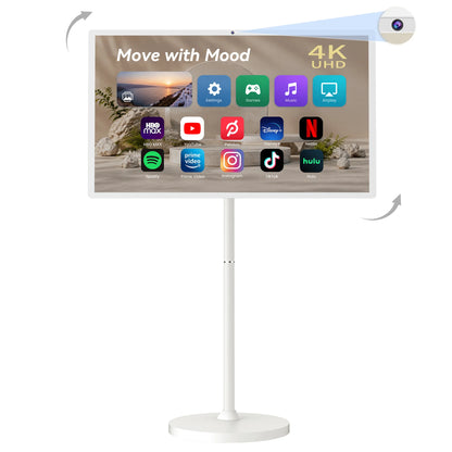 Bisprico JUNA 3 Pro 32-inch 4K portable TV on a white rolling stand